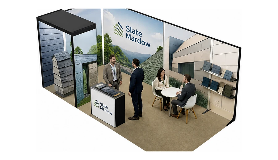Stoisko 6 × 3 m narożne lewe dla branży dachy i elewacje, przykładowa marka Slate Meadow