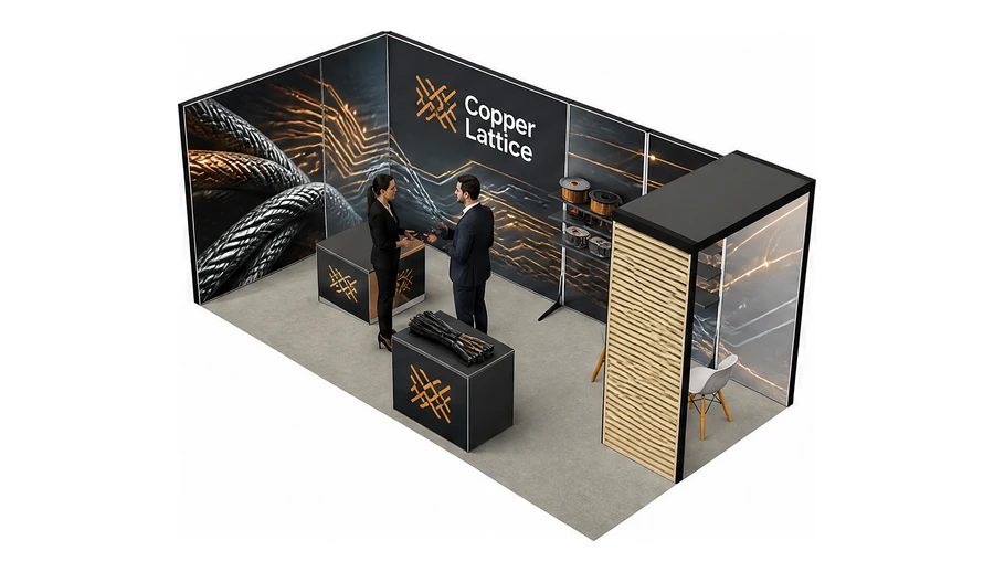 Stoisko 6 × 3 m narożne lewe dla branży kable i elektrotechnika, przykładowa marka Copper Lattice