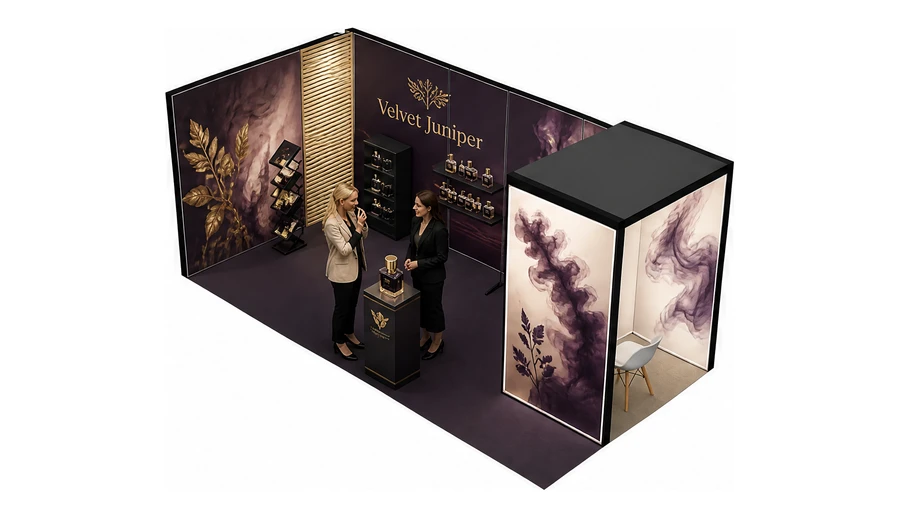 Stoisko 6 × 3 m narożne lewe dla branży perfumy, przykładowa marka Velvet Juniper