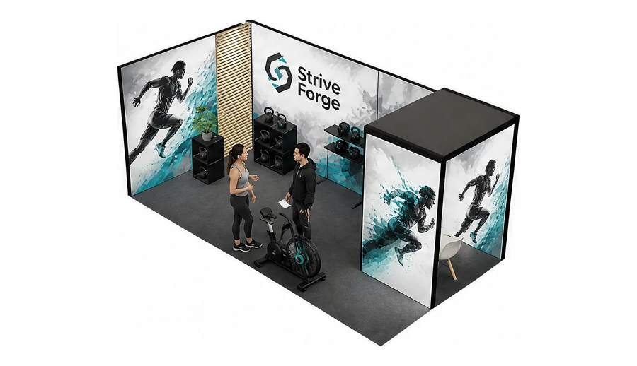Stoisko 6 × 3 m narożne lewe dla branży sprzęt sportowy, przykładowa marka Strive Forge