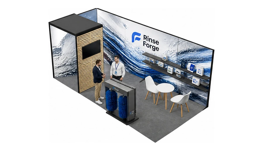 Stoisko 6 × 3 m narożne lewe dla branży myjnie i pielęgnacja aut, przykładowa marka Rinse Forge