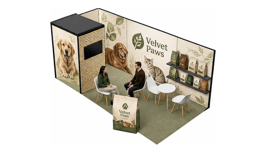 Stoisko 6 × 3 m narożne lewe dla branży karma dla zwierząt, przykładowa marka Velvet Paws