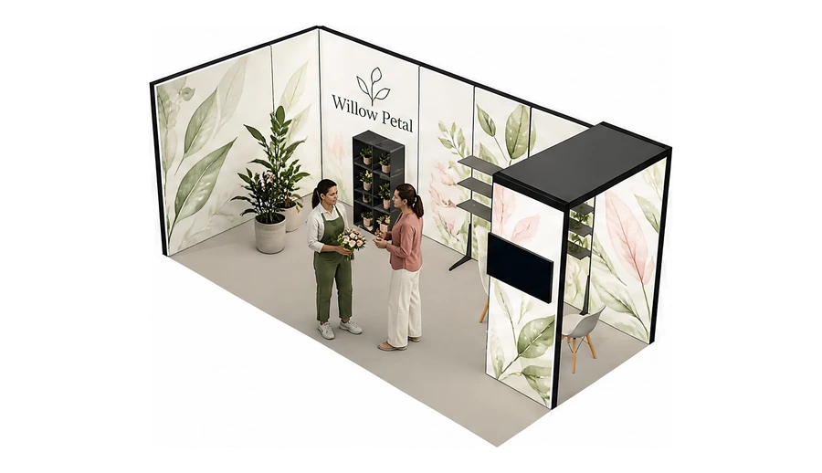 Stoisko 6 × 3 m narożne lewe dla branży rośliny i kwiaciarstwo, przykładowa marka Willow Petal