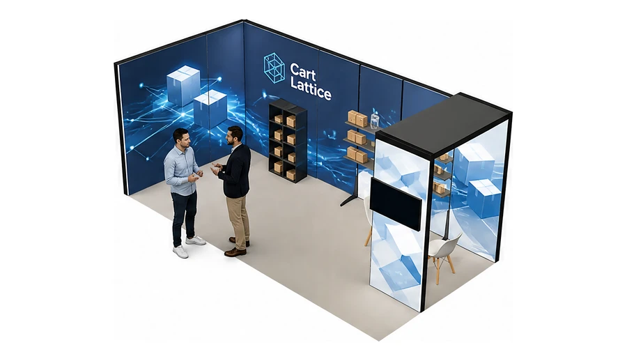 Stoisko 6 × 3 m narożne lewe dla branży e-commerce, przykładowa marka Cart Lattice