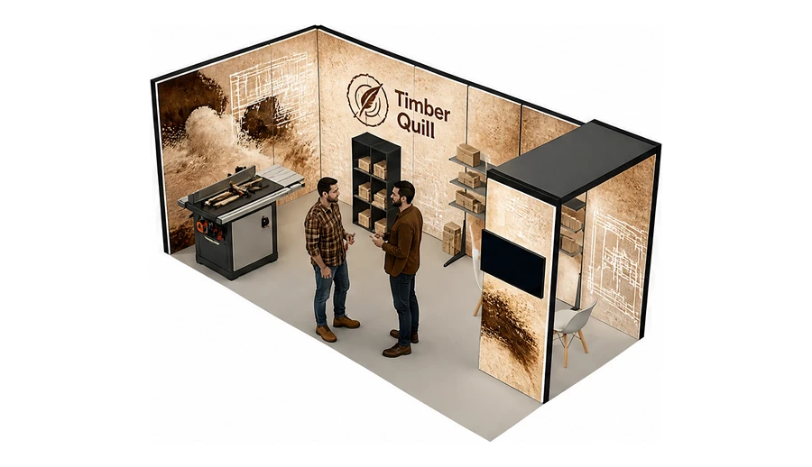 Stoisko 6 × 3 m narożne lewe dla branży maszyny do obróbki drewna, przykładowa marka Timber Quill