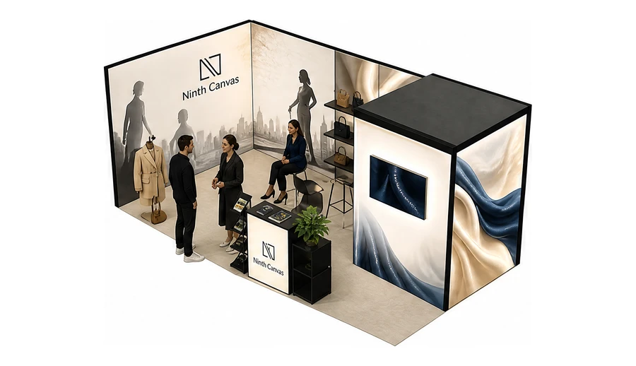 Stoisko 6 × 3 m narożne lewe dla branży odzież i moda, przykładowa marka Ninth Canvas