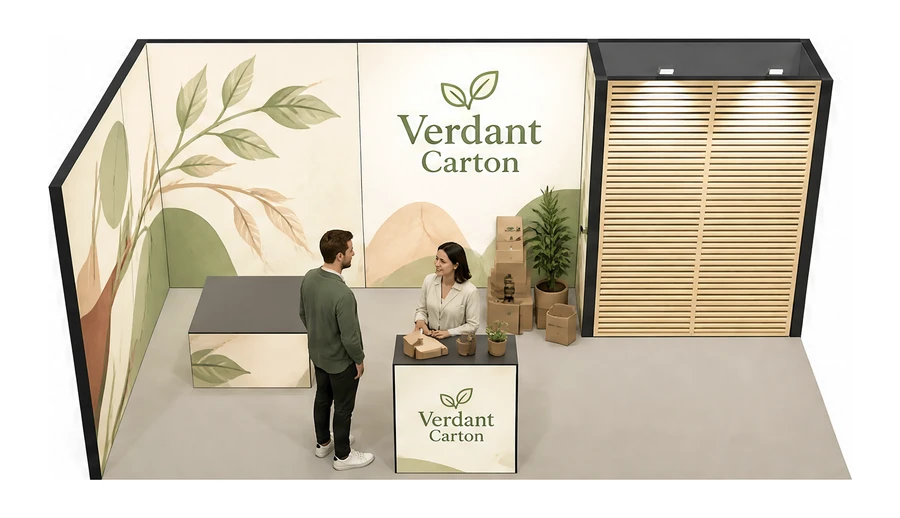 Stoisko 6 × 3 m narożne lewe dla branży opakowania ekologiczne, przykładowa marka Verdant Carton