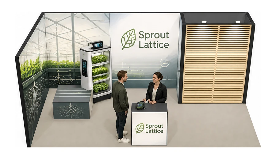 Stoisko 6 × 3 m narożne lewe dla branży sadownictwo i warzywnictwo, przykładowa marka Sprout Lattice