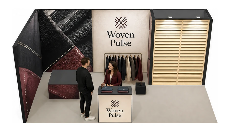 Stoisko 6 × 3 m narożne lewe dla branży odzież i moda, przykładowa marka Woven Pulse