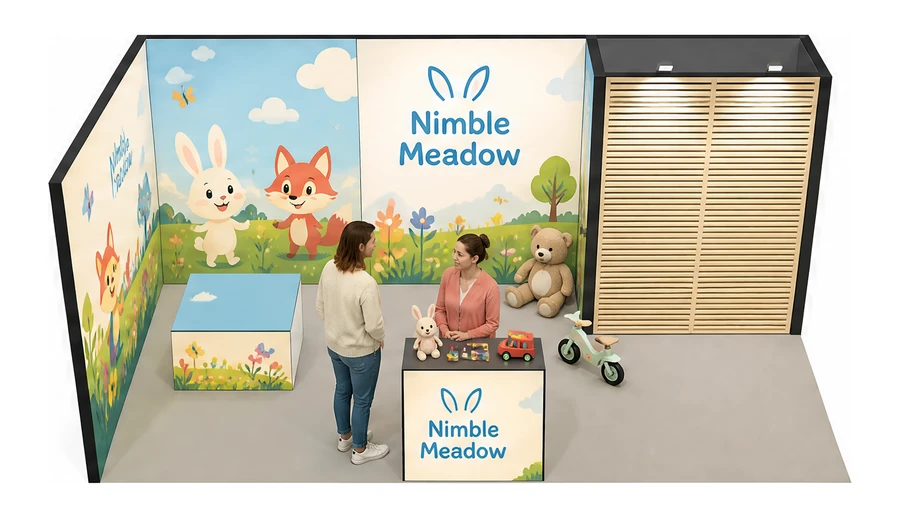 Stoisko 6 × 3 m narożne lewe dla branży zabawki i artykuły dziecięce, przykładowa marka Nimble Meadow
