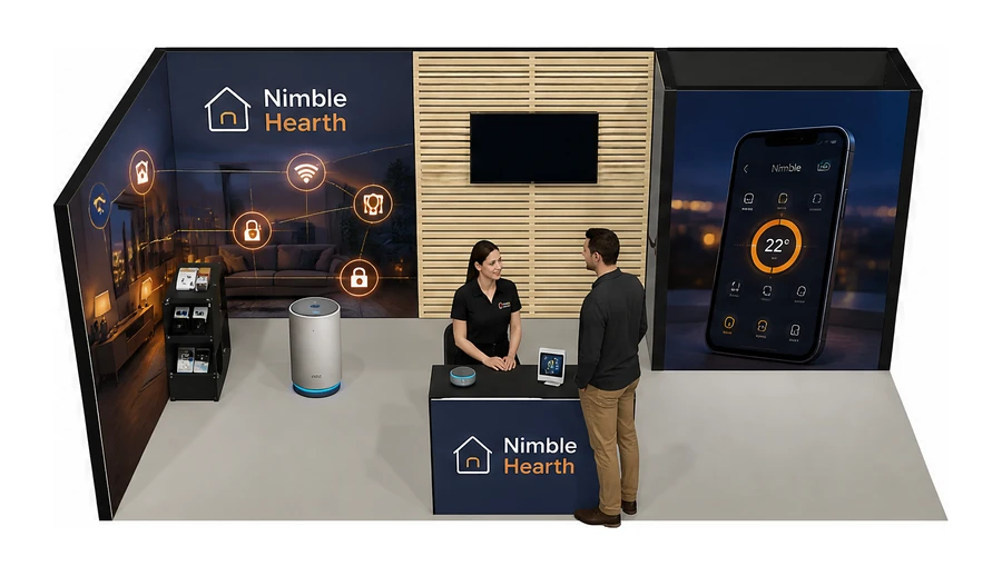 Stoisko 6 × 3 m narożne lewe dla branży smart home i IoT, przykładowa marka Nimble Hearth