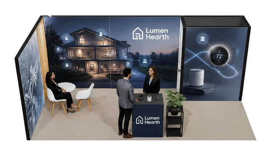 Stoisko 6 × 3 m narożne lewe dla branży smart home i IoT, przykładowa marka Lumen Hearth