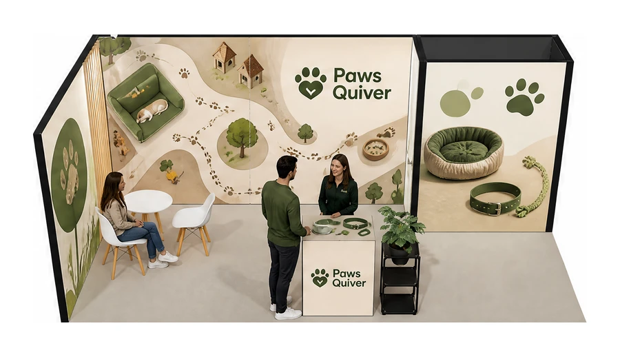 Stoisko 6 × 3 m narożne lewe dla branży akcesoria dla zwierząt, przykładowa marka Paws Quiver