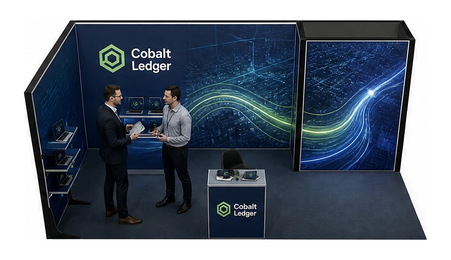 Stoisko 6 × 3 m narożne lewe dla branży oprogramowanie dla firm, przykładowa marka Cobalt Ledger