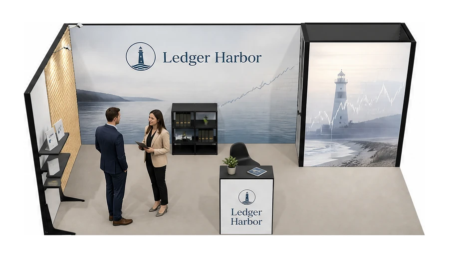 Stoisko 6 × 3 m narożne lewe dla branży usługi finansowe i księgowe, przykładowa marka Ledger Harbor
