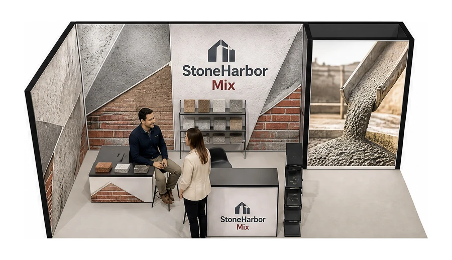 Stoisko 6 × 3 m narożne lewe dla branży materiały budowlane, przykładowa marka StoneHarbor Mix