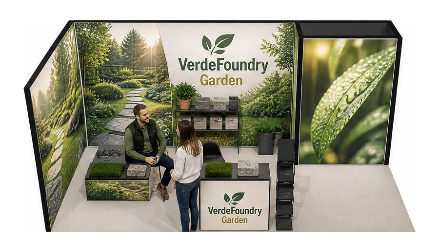 Stoisko 6 × 3 m narożne lewe dla branży ogród i architektura krajobrazu, przykładowa marka VerdeFoundry Garden