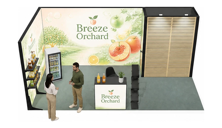 Stoisko 6 × 3 m narożne lewe dla branży napoje, przykładowa marka Breeze Orchard