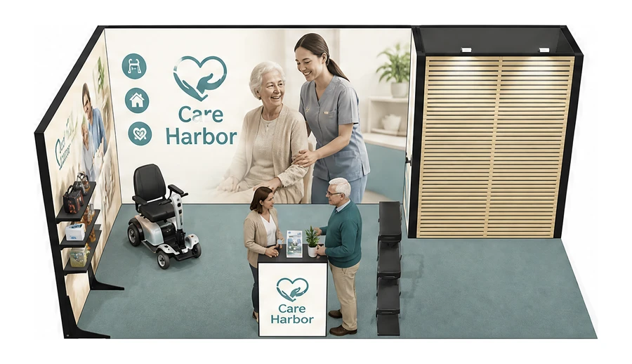 Stoisko 6 × 3 m narożne lewe dla branży opieka senioralna, przykładowa marka Care Harbor