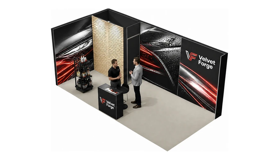 Stoisko 6 × 3 m narożne lewe dla branży tuning i detailing, przykładowa marka Velvet Forge