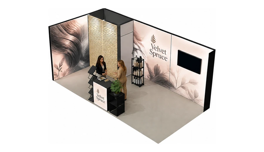 Stoisko 6 × 3 m narożne lewe dla branży fryzjerstwo i salony beauty, przykładowa marka Velvet Spruce