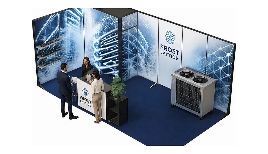 Stoisko 6 × 3 m narożne lewe dla branży łańcuch chłodniczy, przykładowa marka Frost Lattice