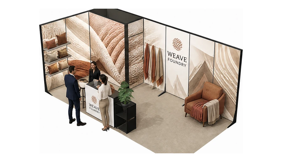 Stoisko 6 × 3 m narożne lewe dla branży tekstylia i tkaniny, przykładowa marka Weave Foundry