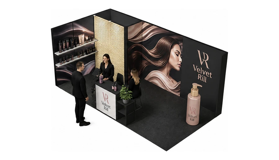 Stoisko 6 × 3 m narożne lewe dla branży fryzjerstwo i salony beauty, przykładowa marka Velvet Rill