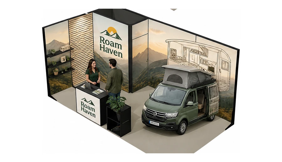 Stoisko 6 × 3 m narożne lewe dla branży caravaning i kampery, przykładowa marka Roam Haven
