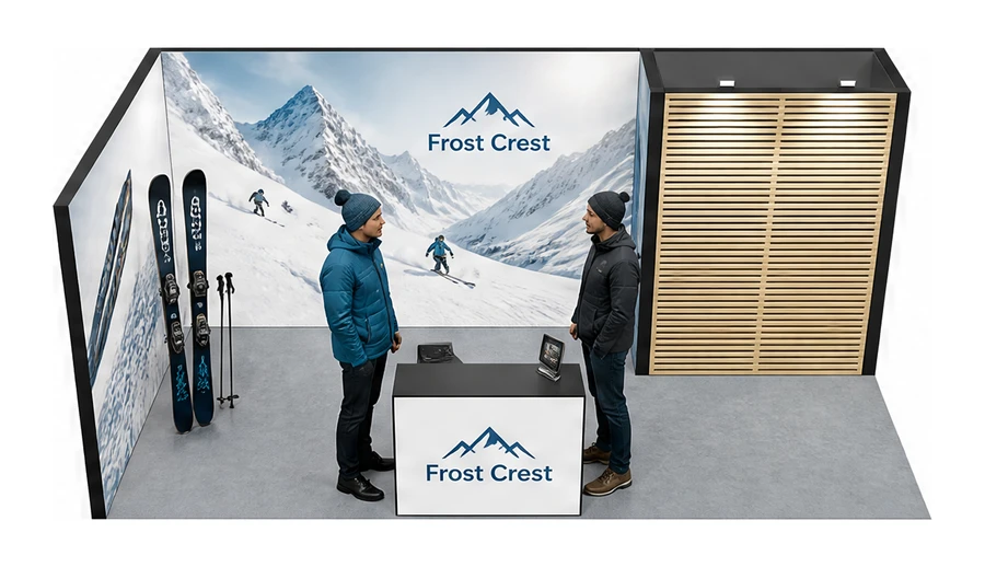 Stoisko 6 × 3 m narożne lewe dla branży narciarstwo i sporty zimowe, przykładowa marka Frost Crest