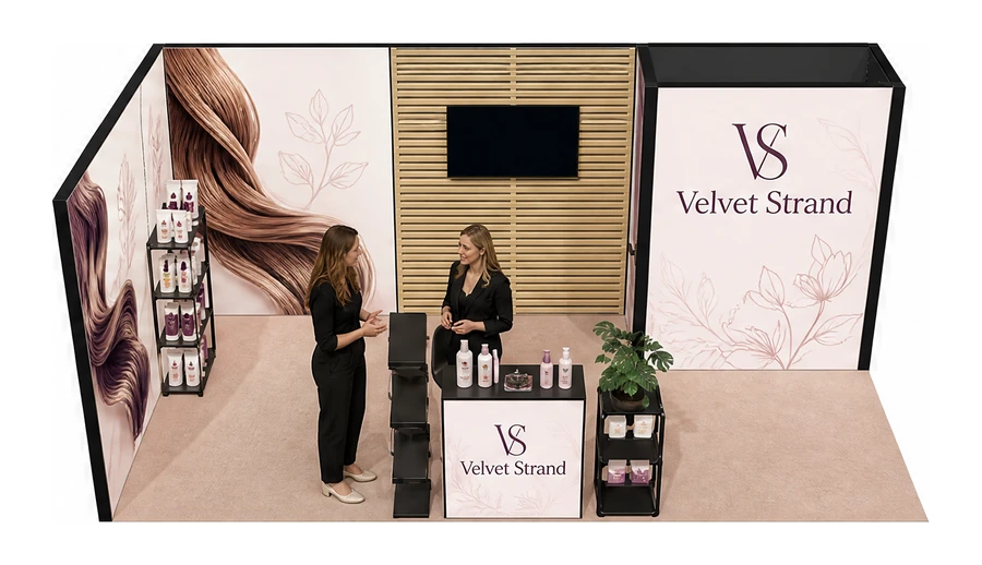 Stoisko 6 × 3 m narożne lewe dla branży fryzjerstwo i salony beauty, przykładowa marka Velvet Strand