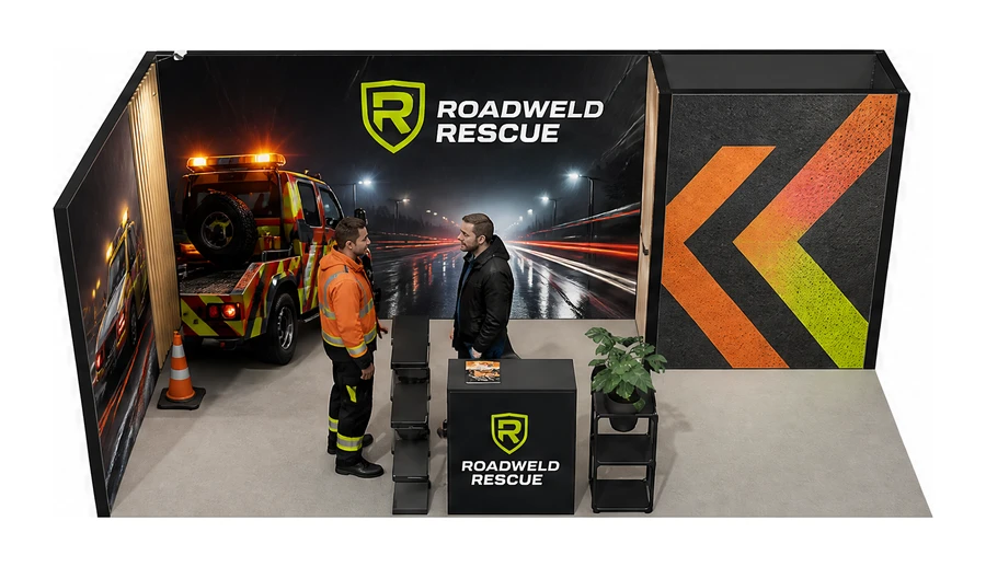 Stoisko 6 × 3 m narożne lewe dla branży pomoc drogowa i lawety, przykładowa marka Roadweld Rescue