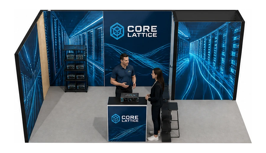 Stoisko 6 × 3 m narożne lewe dla branży infrastruktura IT i data center, przykładowa marka Core Lattice