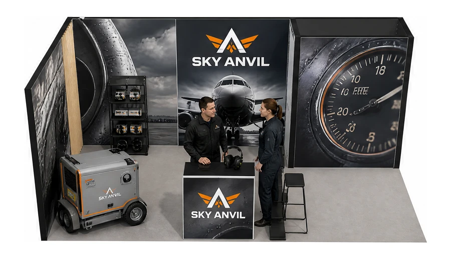 Stoisko 6 × 3 m narożne lewe dla branży lotnictwo, przykładowa marka Sky Anvil