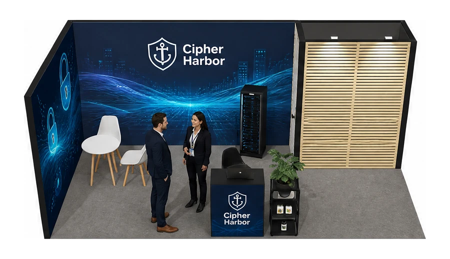 Stoisko 6 × 3 m narożne lewe dla branży cyberbezpieczeństwo, przykładowa marka Cipher Harbor