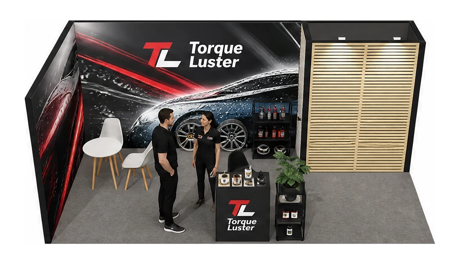Stoisko 6 × 3 m narożne lewe dla branży tuning i detailing, przykładowa marka Torque Luster