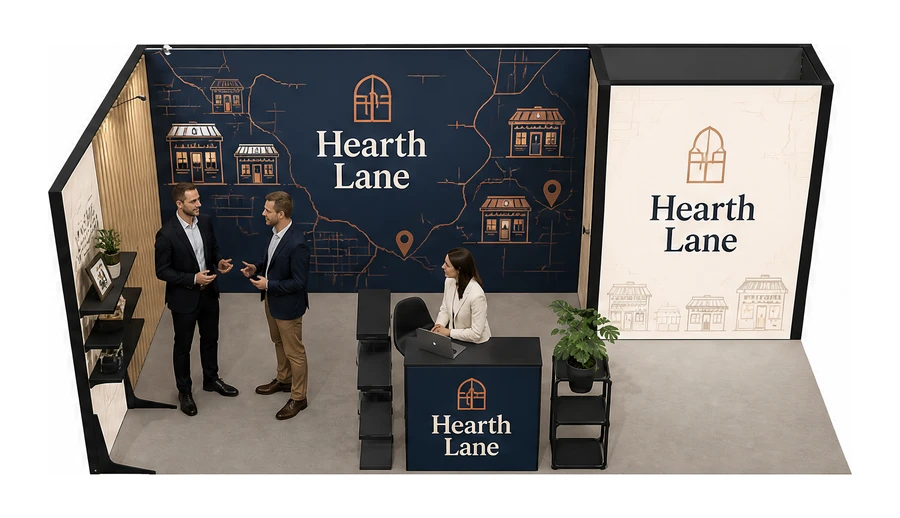 Stoisko 6 × 3 m narożne lewe dla branży franczyza i sieci, przykładowa marka Hearth Lane