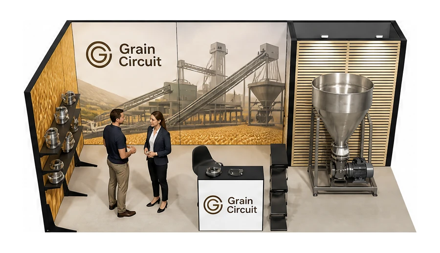 Stoisko 6 × 3 m narożne lewe dla branży technologie spożywcze, przykładowa marka Grain Circuit