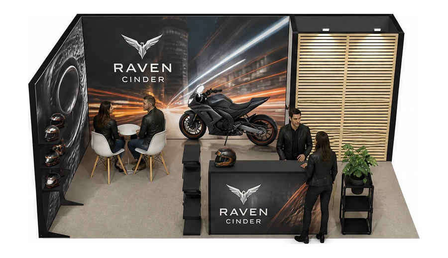 Stoisko 6 × 3 m narożne lewe dla branży motocykle i skutery, przykładowa marka Raven Cinder