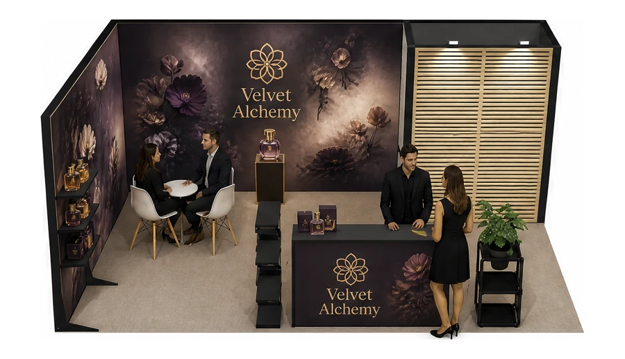 Stoisko 6 × 3 m narożne lewe dla branży perfumy, przykładowa marka Velvet Alchemy