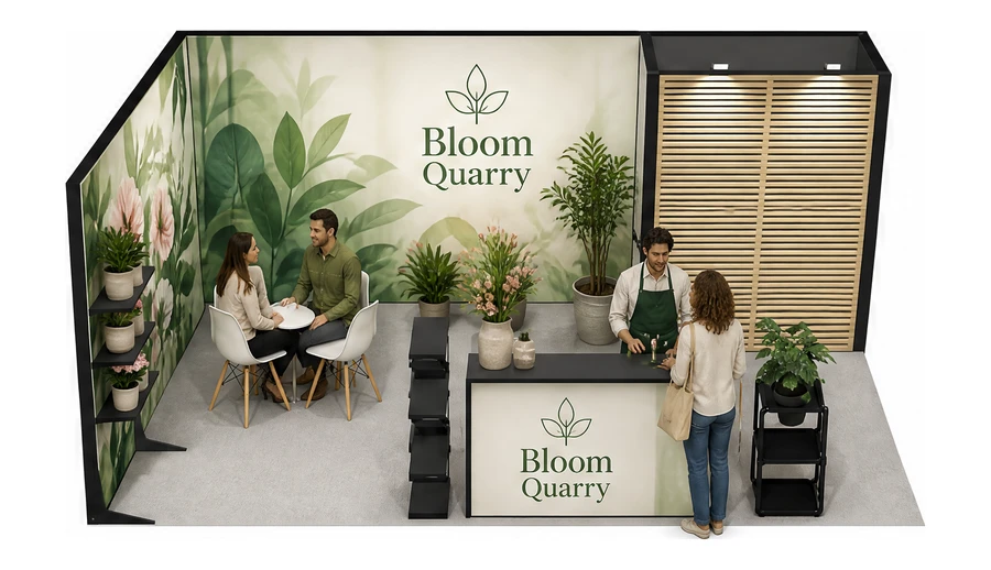 Stoisko 6 × 3 m narożne lewe dla branży rośliny i kwiaciarstwo, przykładowa marka Bloom Quarry