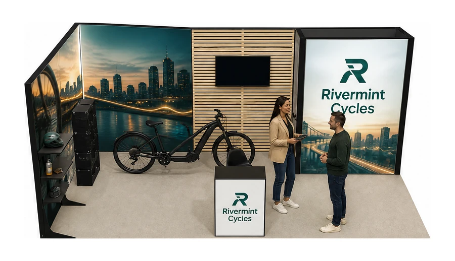 Stoisko 6 × 3 m narożne lewe dla branży rowery elektryczne, przykładowa marka Rivermint Cycles