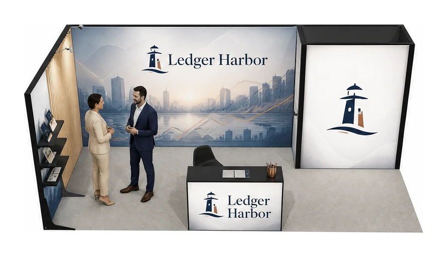 Stoisko 6 × 3 m narożne lewe dla branży usługi finansowe i księgowe, przykładowa marka Ledger Harbor