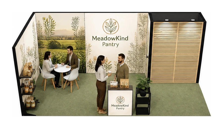 Stoisko 6 × 3 m narożne lewe dla branży żywność ekologiczna, przykładowa marka MeadowKind Pantry