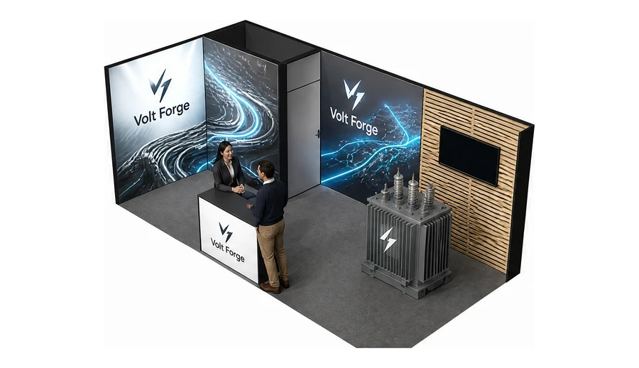 Stoisko 6 × 3 m narożne lewe dla branży energetyka i sieci, przykładowa marka Volt Forge