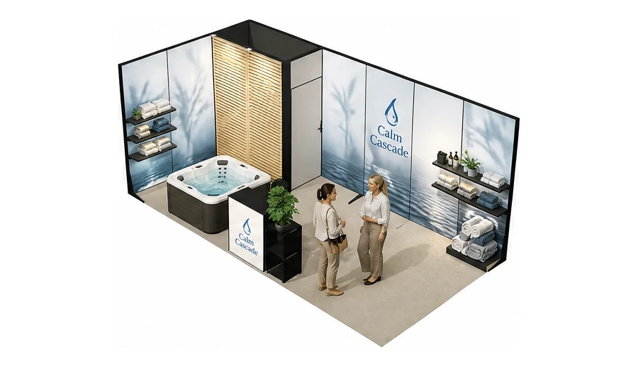 Stoisko 6 × 3 m narożne lewe dla branży spa i wellness, przykładowa marka Calm Cascade
