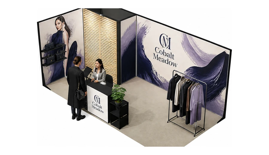 Stoisko 6 × 3 m narożne lewe dla branży odzież i moda, przykładowa marka Cobalt Meadow
