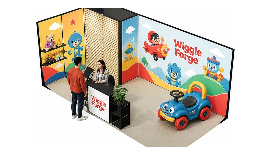 Stoisko 6 × 3 m narożne lewe dla branży zabawki i artykuły dziecięce, przykładowa marka Wiggle Forge