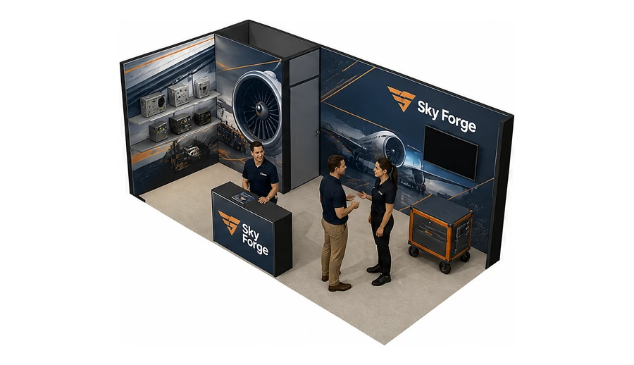 Stoisko 6 × 3 m narożne lewe dla branży lotnictwo, przykładowa marka Sky Forge