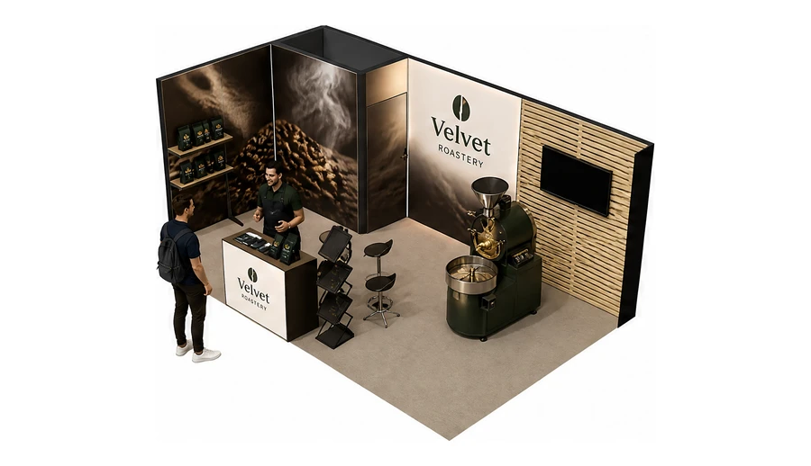 Stoisko 6 × 3 m narożne lewe dla branży palarnia kawy, przykładowa marka Velvet Roastery